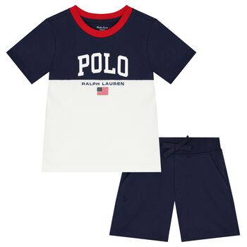 Baby Boys White & Navy Blue Logo Shorts Set