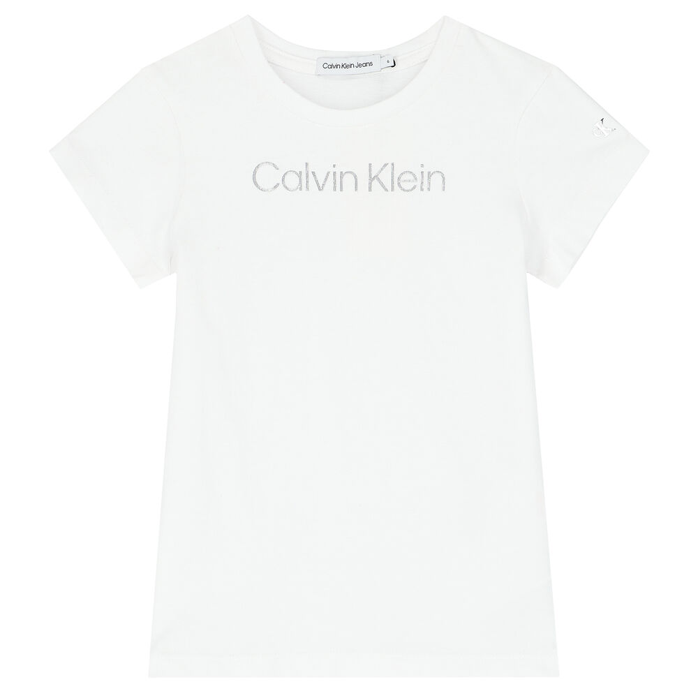 Calvin Klein Girls White Logo T-Shirt Junior Silver USA Couture & 