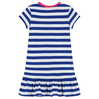فستان بنات بشعار تيدى مخطط باللون الأبيض والأزرق