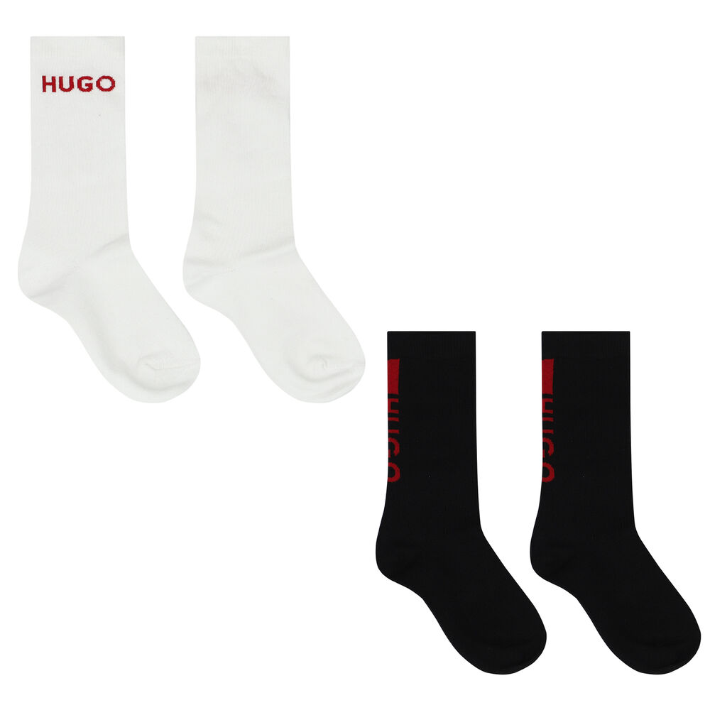 HUGO Boys Black & (2 Pack) Junior White Socks Couture Logo 