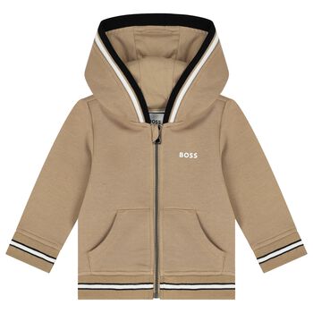 Younger Boys Beige Logo Hooded Zip Up Top