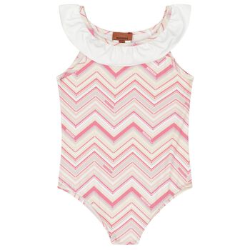 Younger Girls Pink & White Zig Zag Swimsuit