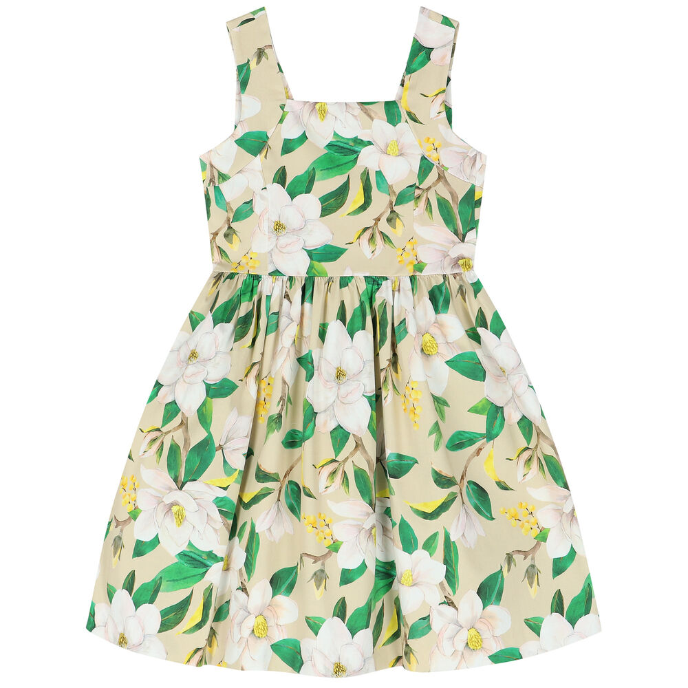Girls Beige & Green Cotton Floral Dress (mayoral) –
