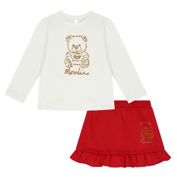 Younger Girls Ivory & Red Teddy Bear Skirt Set