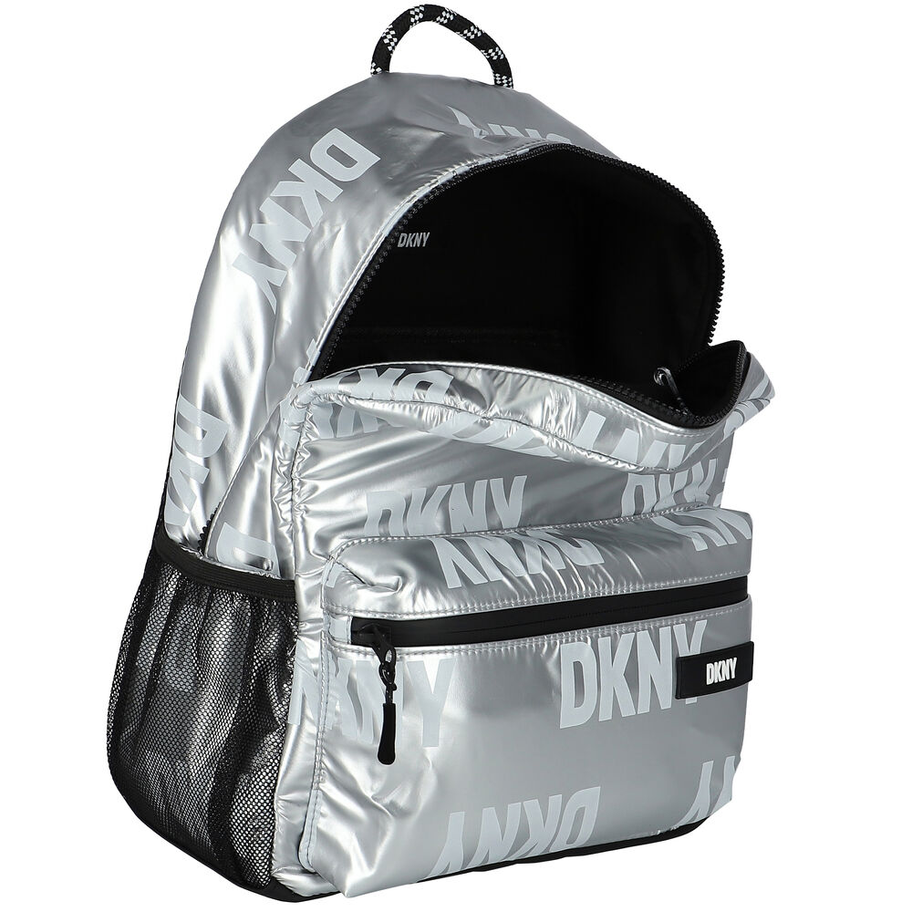 DKNY-Girls Metallic Silver Logo Backpack