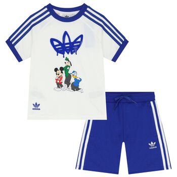 White & Blue Disney Logo Shorts Set