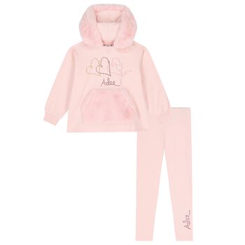 Girls Pink Logo Faux fur Leggings Set