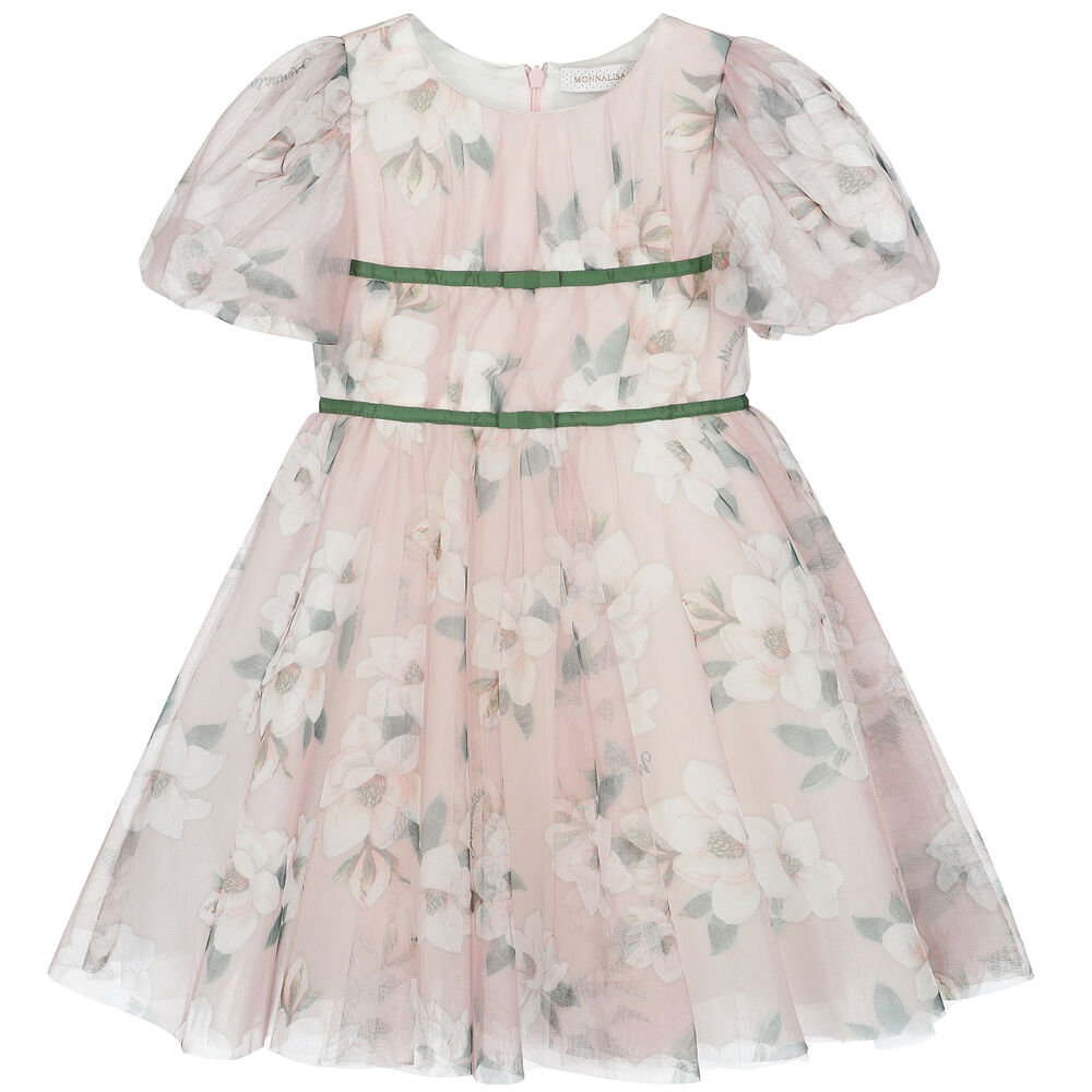 Monnalisa Girls Pink Floral Tulle Dress | Junior Couture