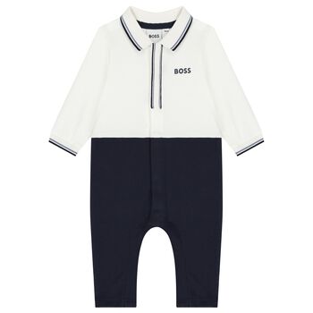 Baby Boys White & Navy Blue Polo Romper