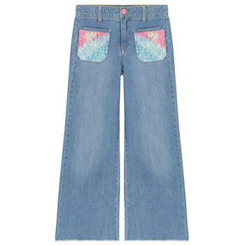 Girls Blue Logo Sequins Denim Jeans