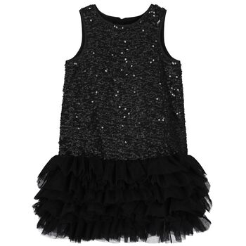 Girls Black Embellished Sequins Tulle Dress