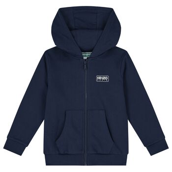 Navy Blue Logo Hooded Zip Up Top