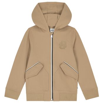 Boys Beige Logo Hooded Zip Up Top