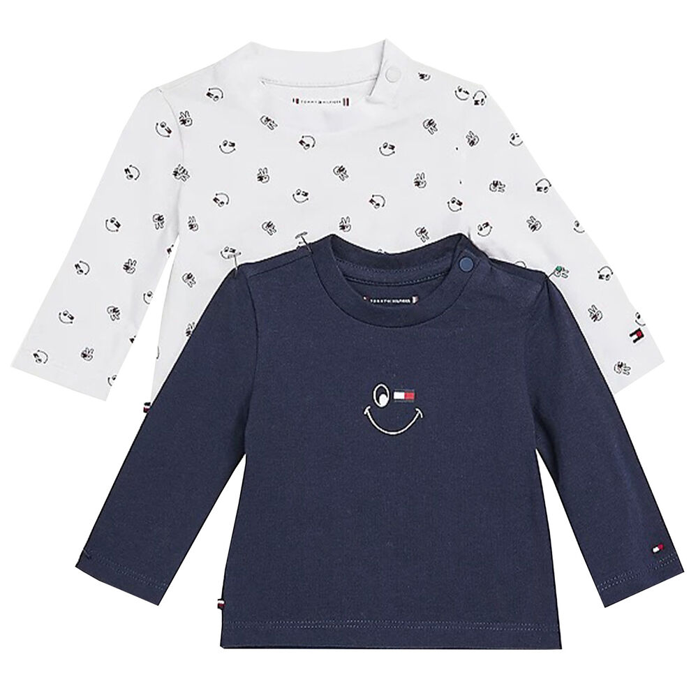 Tommy Hilfiger Baby Boys White & Navy Logo Long Sleeve Tops ( 2-Pack )