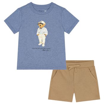 Baby Boys Blue & Beige Polo Bear Shorts Set