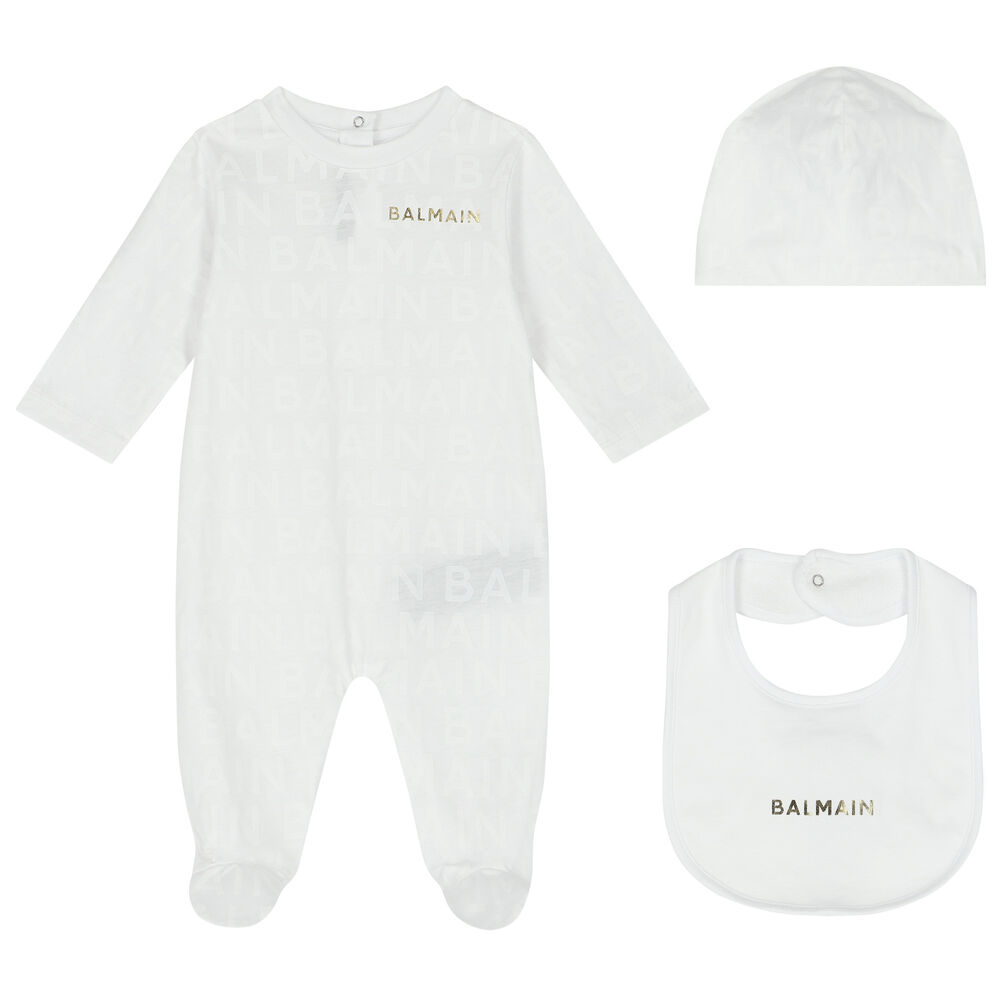 Balmain White & Gold Logo Babygrow Gift Set | Junior Couture USA