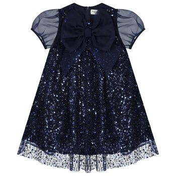 Girls Navy Blue Chiffon & Tulle Sequin Dress