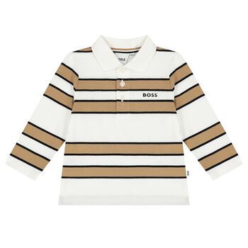 Baby Boys White & Beige Logo Striped Polo Shirt