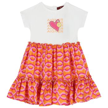 Girls White & Orange Logo Heart Dress