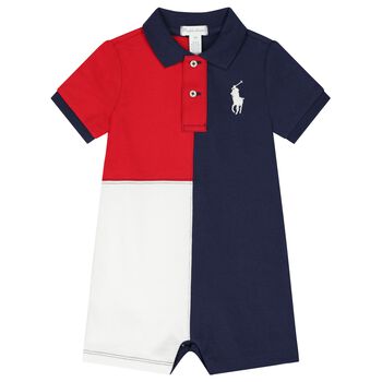 Baby Boys White, Red & Navy Blue Logo Polo Romper