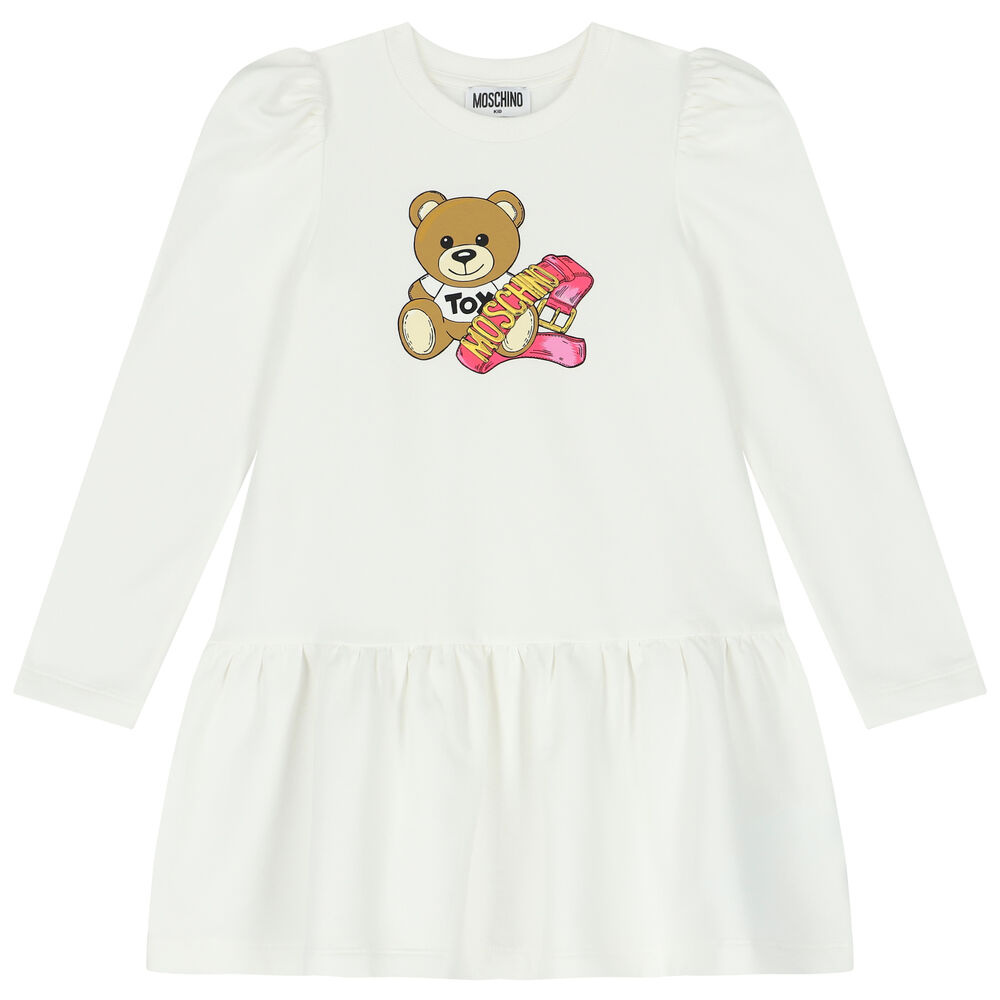 Moschino Girls LS Dress W All Over Heart Bear Logo Print CREAM