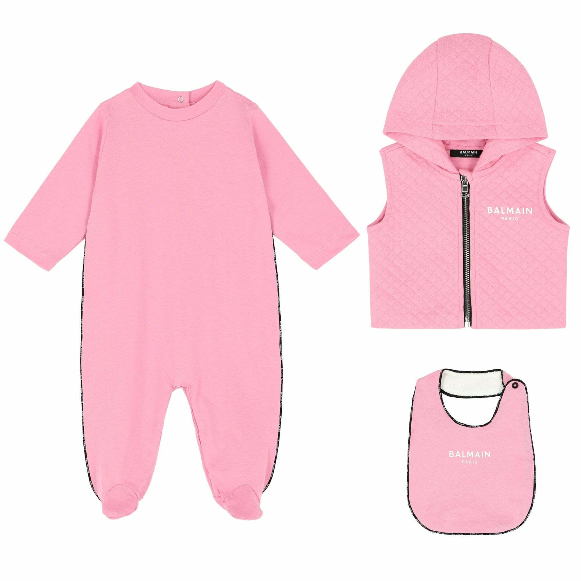 Balmain Baby Girls Pink Babygrow, Gilet & Bib Set | Junior Couture