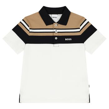 Boys White, Black & Beige Logo Polo Shirt