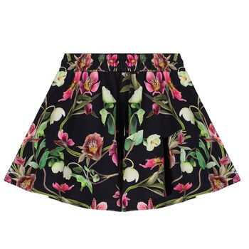 Girls Black Flower Print Skirt